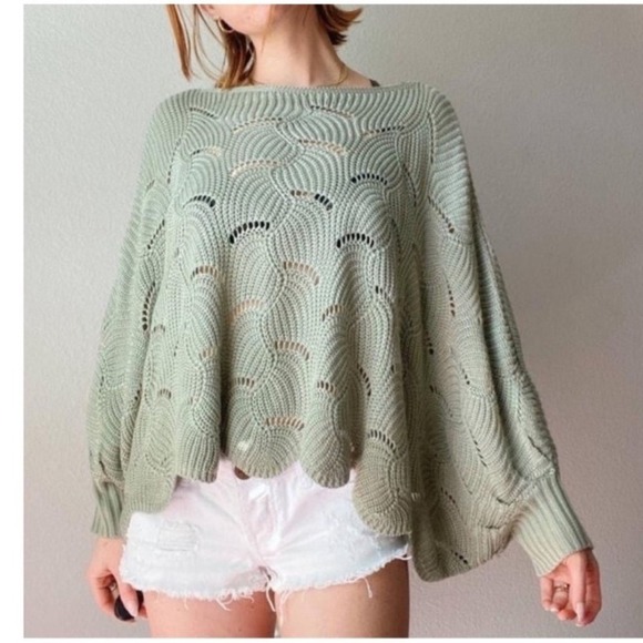 moon & madison Sweaters - Moon & Madison Sage Green Scallop Wave Knit Poncho Sweater Batwing Sleeve M
